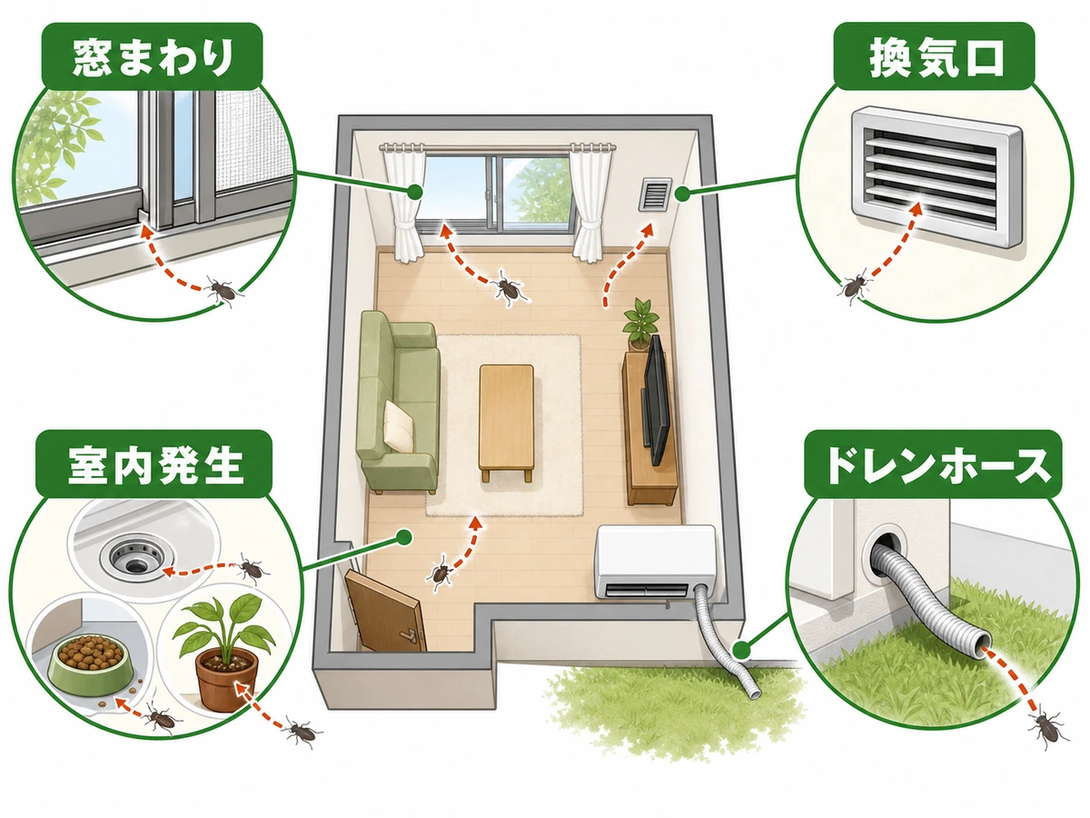 窓まわり、換気口、ドレンホース、室内発生を確認する侵入経路マップ