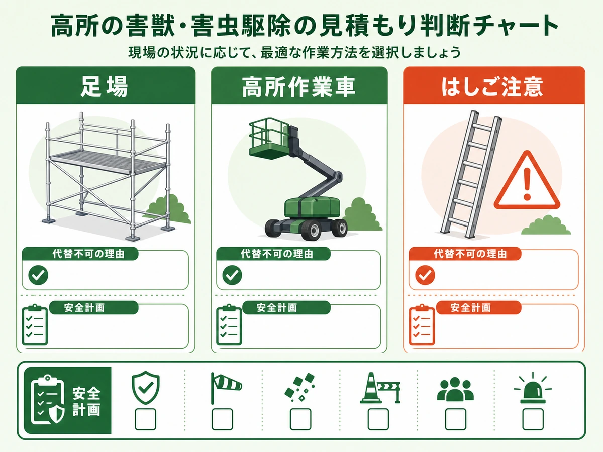 足場・高所作業車・はしご注意・安全計画を比較する高所作業の判断図