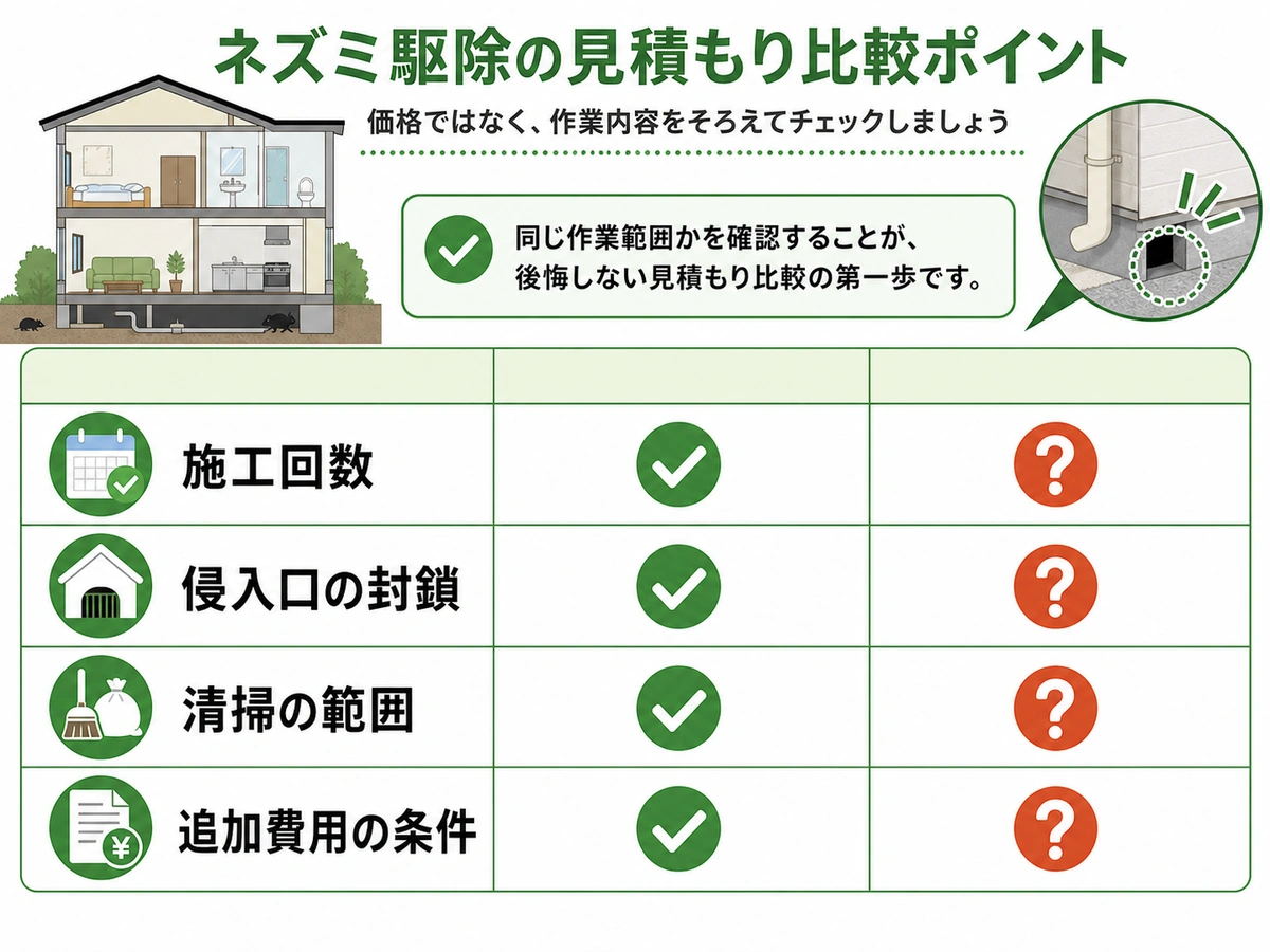 ネズミ駆除の見積書で施工回数・封鎖・清掃・追加条件を比べる図