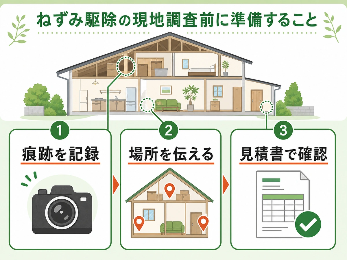 ネズミ駆除の現地調査前に痕跡・場所・見積書を確認する流れ