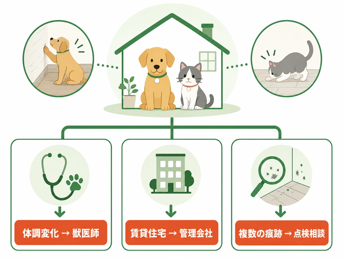 体調変化は獣医師、賃貸住宅は管理会社、複数の家側痕跡は点検相談へ進む判断図