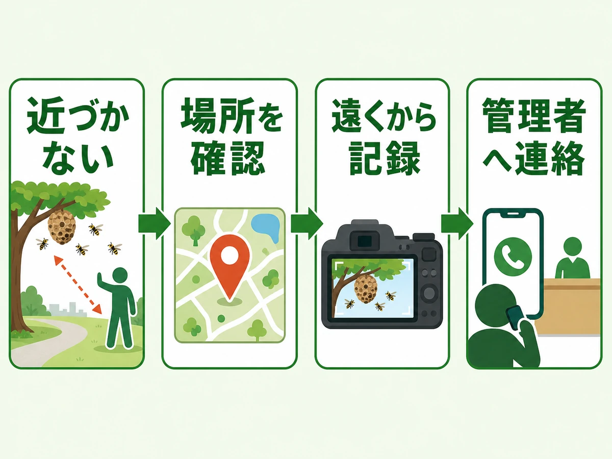 蜂の巣を見つけたときに近づかず場所を確認して管理者へ連絡する流れ