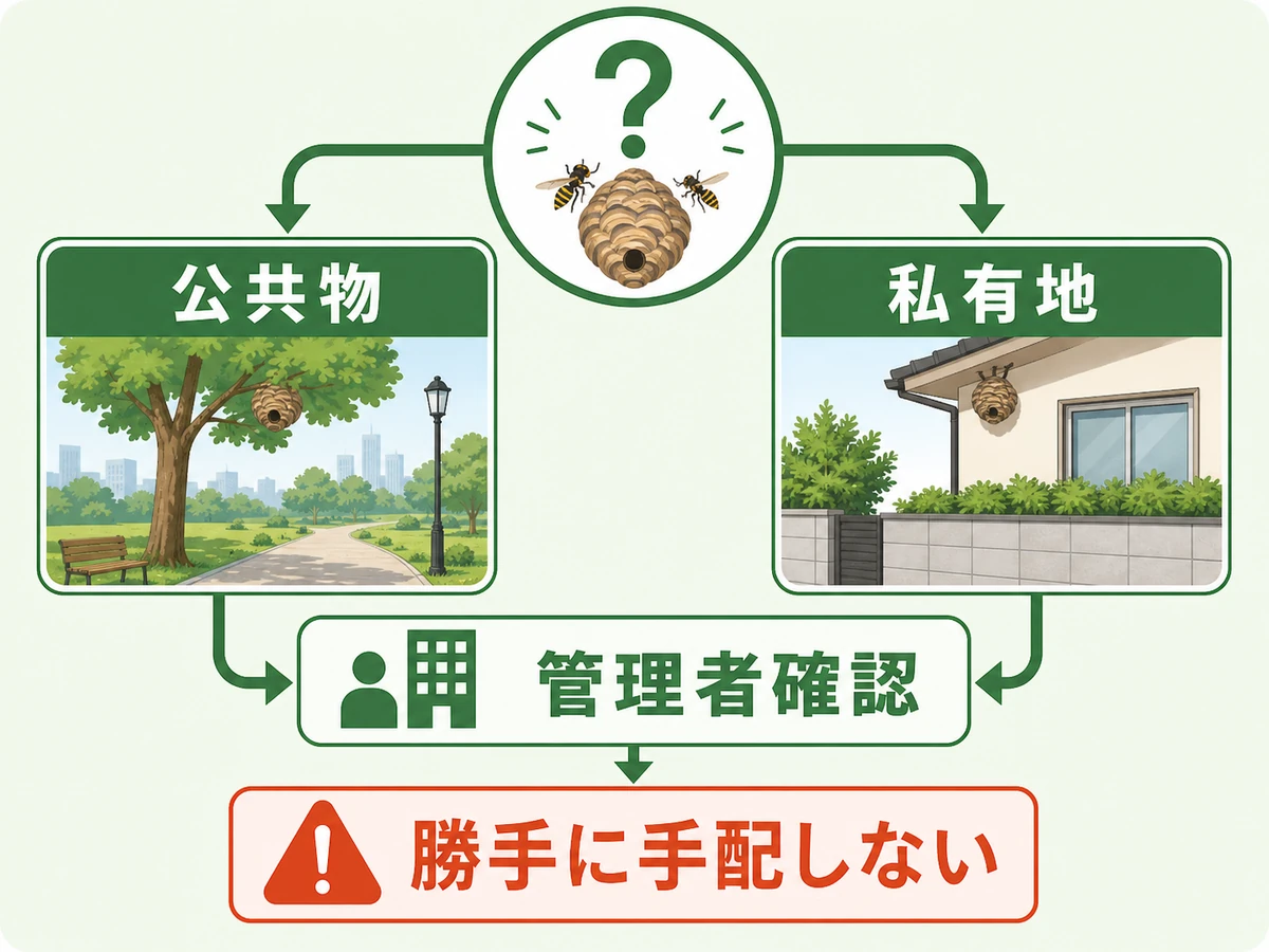 公共物か私有地かを分けて管理者確認へ進む判断図