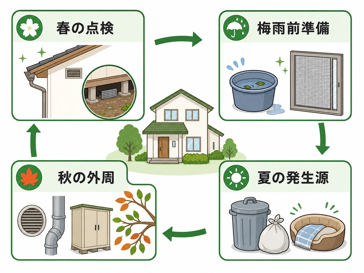 春、梅雨前、夏、秋の害虫・害獣点検の流れ