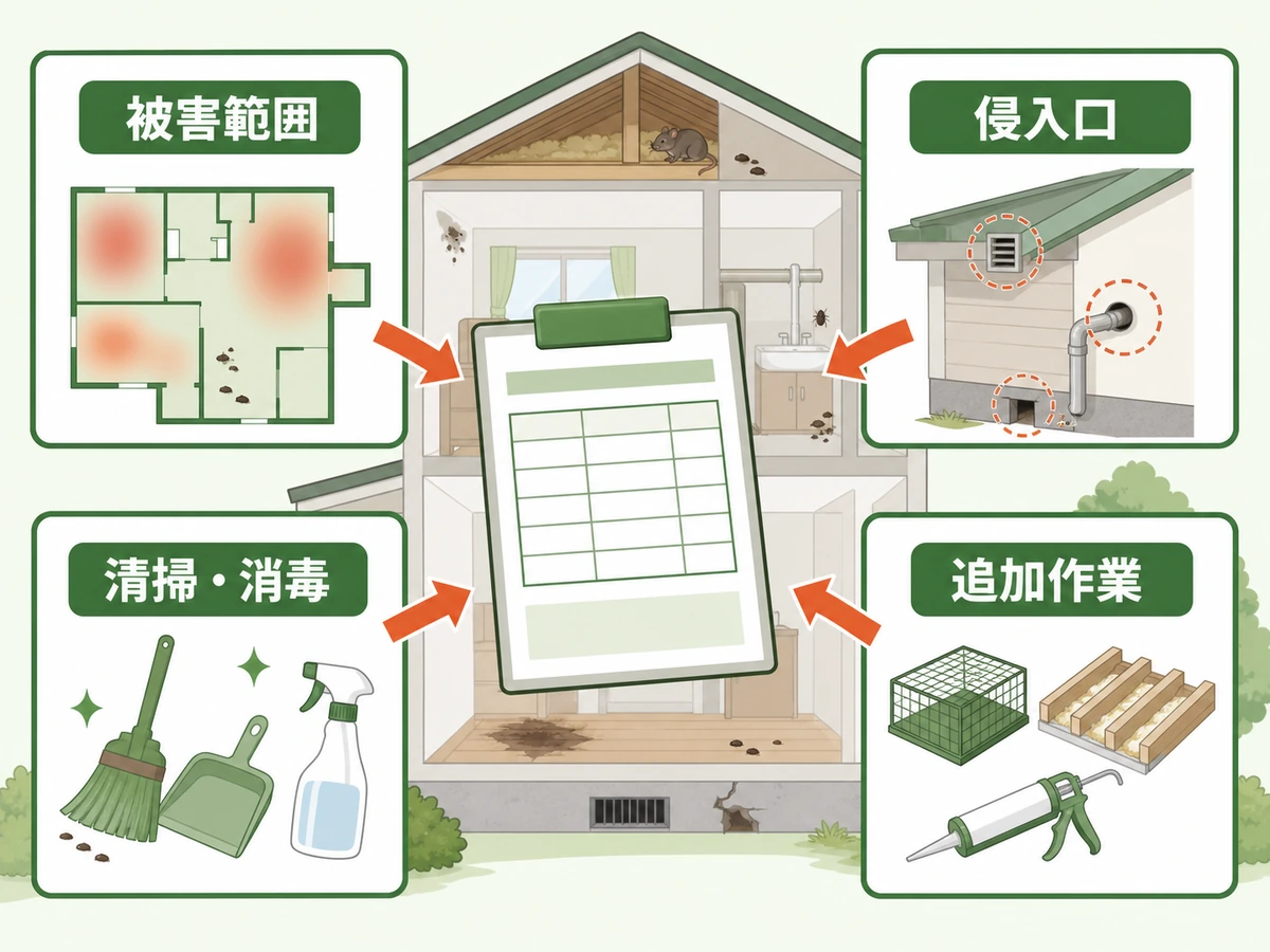 害虫・害獣駆除の見積もりが増えやすい被害範囲、侵入口、清掃消毒、追加作業の要因