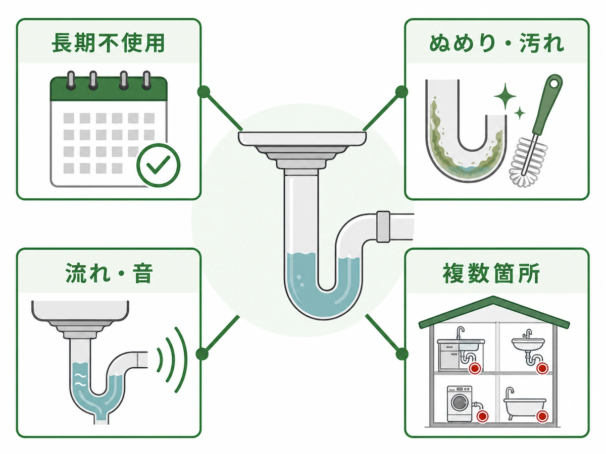 排水口の下水臭を長期不使用・汚れ・流れや音・複数箇所から切り分ける図
