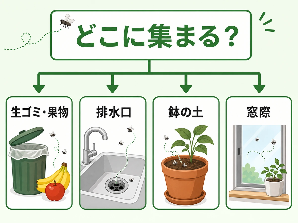 コバエが集まる場所を生ゴミ・果物、排水口、鉢の土、窓際に分ける確認図