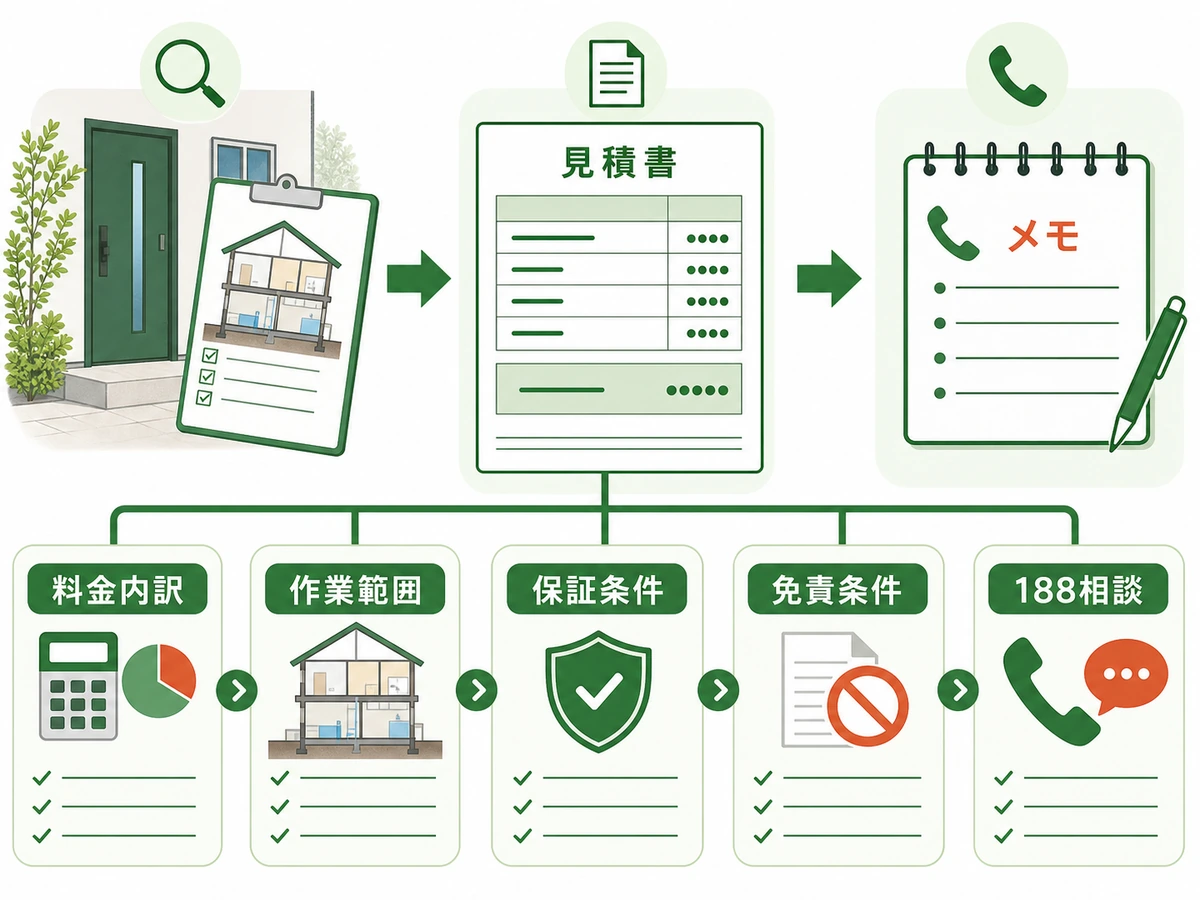 害獣駆除の無料点検前に確認する料金内訳、作業範囲、保証条件、免責条件、188相談の流れ