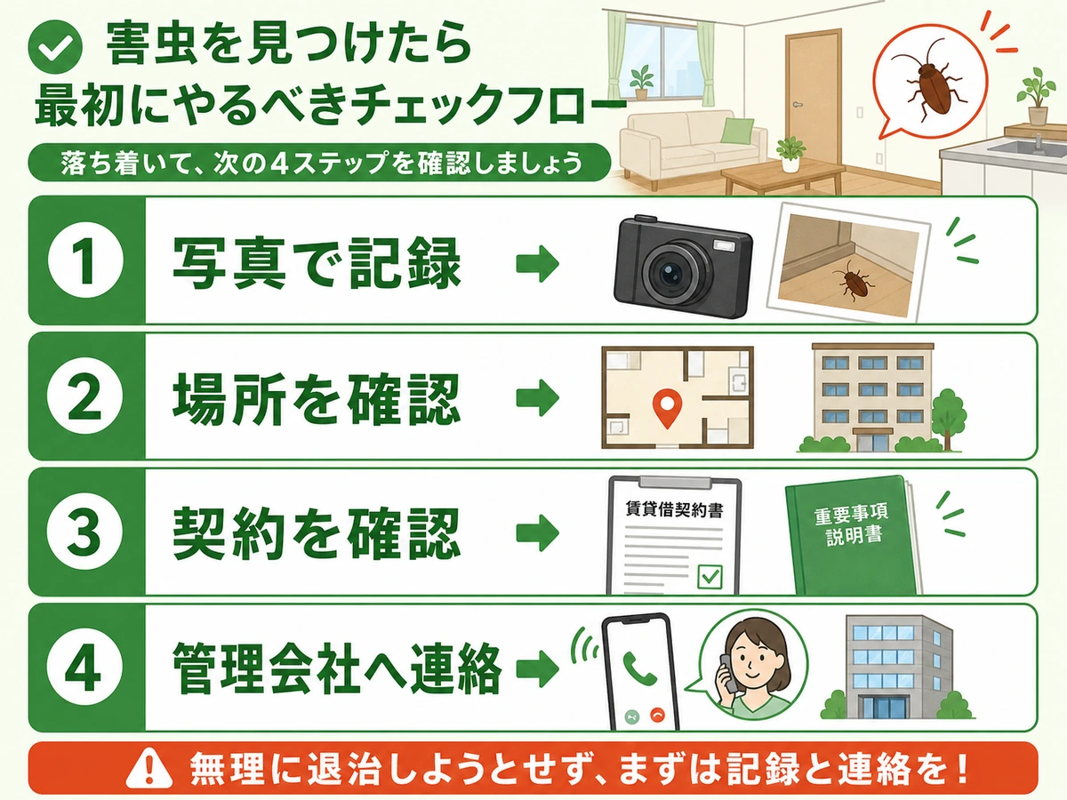 賃貸で害虫を見つけたときの写真記録、場所確認、契約確認、管理会社連絡の流れ