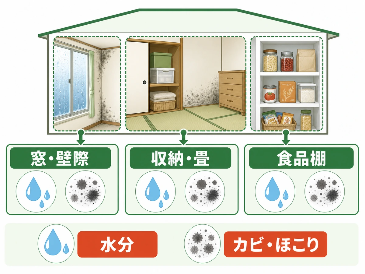 窓・壁際、収納・畳、食品棚の順に水分とカビ・ほこりを確認する位置図
