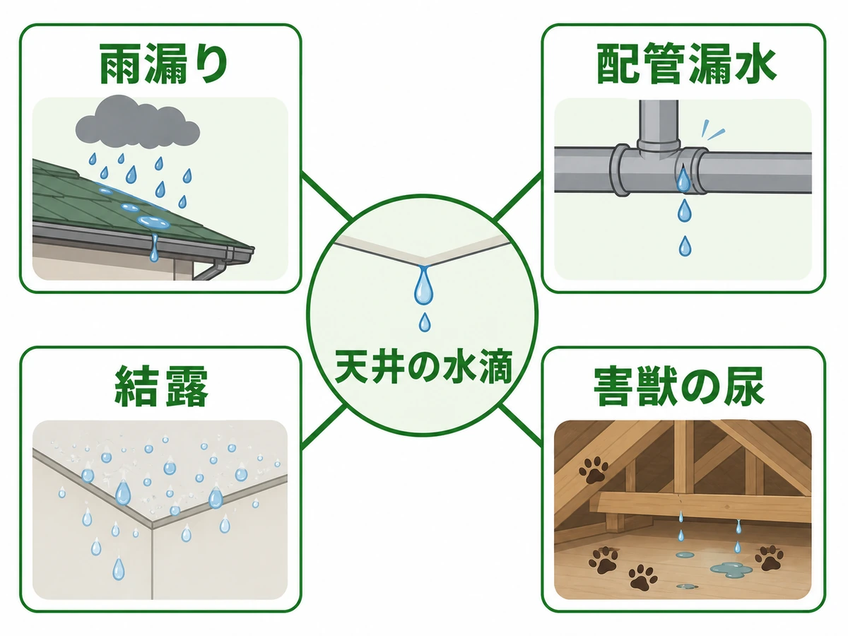 天井の水滴から雨漏り、配管漏水、結露、害獣の尿の4原因へ分ける確認図