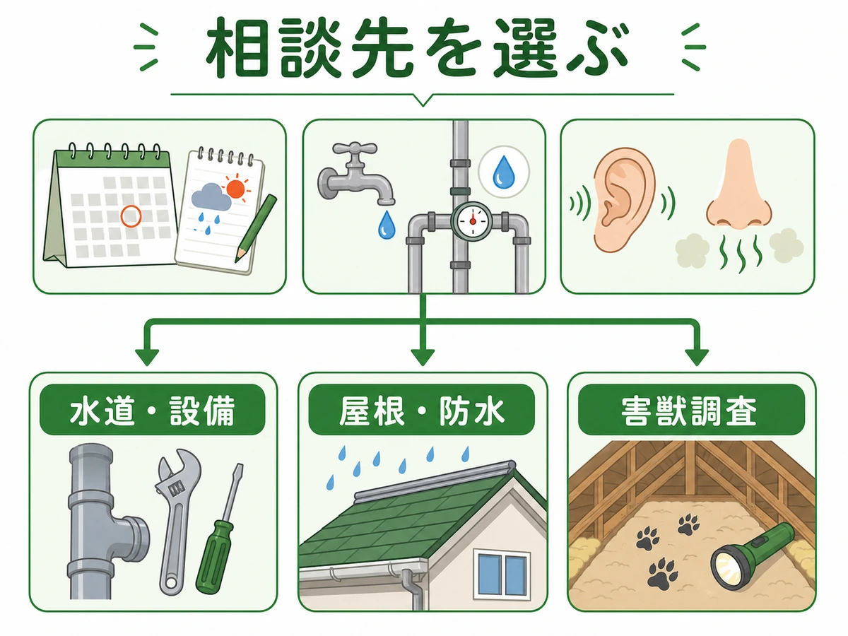 天井の水滴の記録から水道設備、屋根防水、害獣調査の相談先を選ぶ図