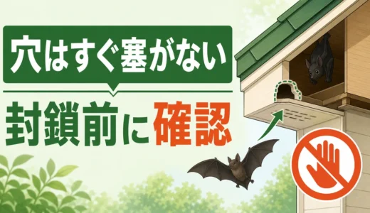 コウモリの侵入口をすぐ塞がず、封鎖前に確認することを示す図