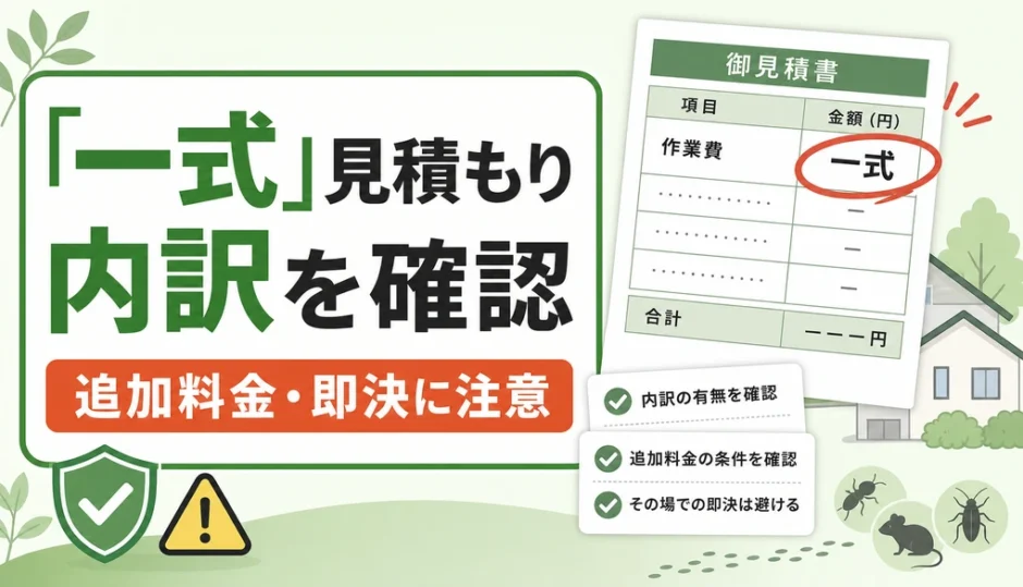 「一式」見積もりの内訳確認と追加料金への注意を示す図