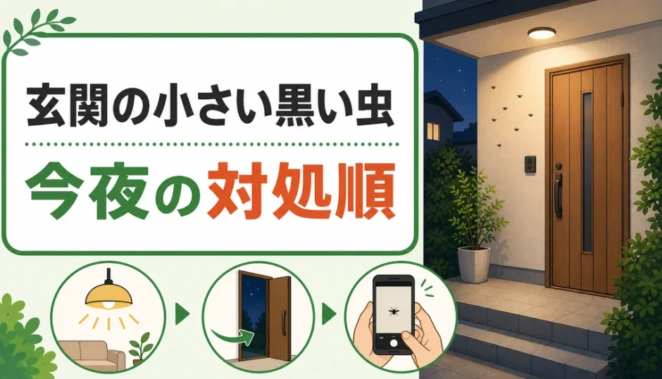 夜の玄関に集まる小さい黒い虫と今夜の対処順を示すイラスト