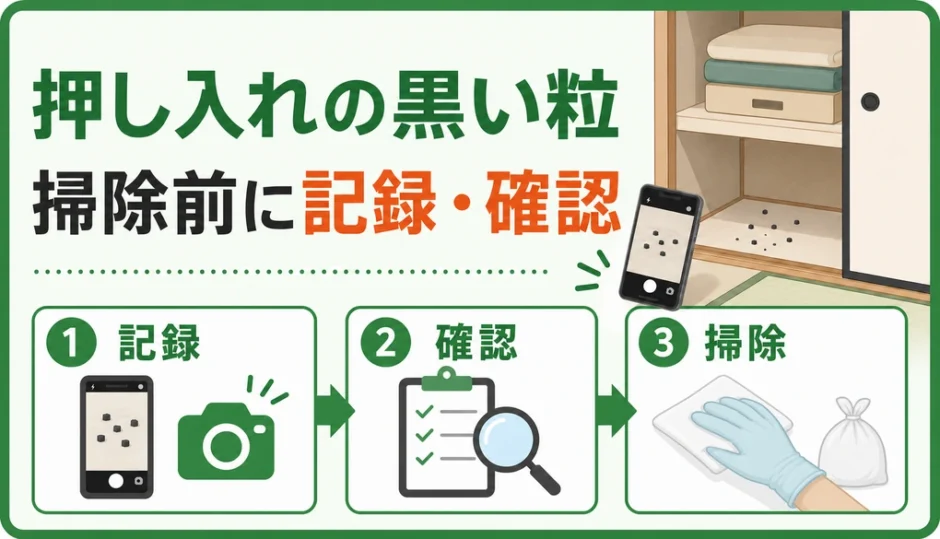 押し入れの黒い粒を掃除前に記録・確認する判断を示す図