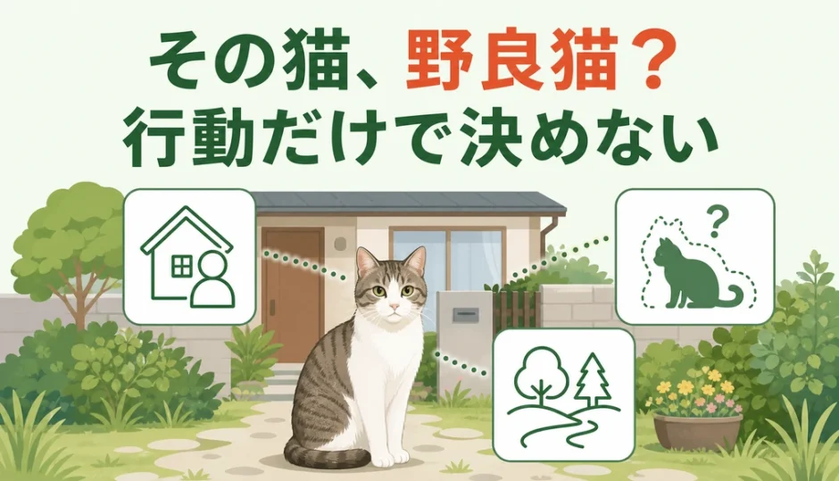 家周りの猫を行動だけで野良猫と決めないことを示すイラスト