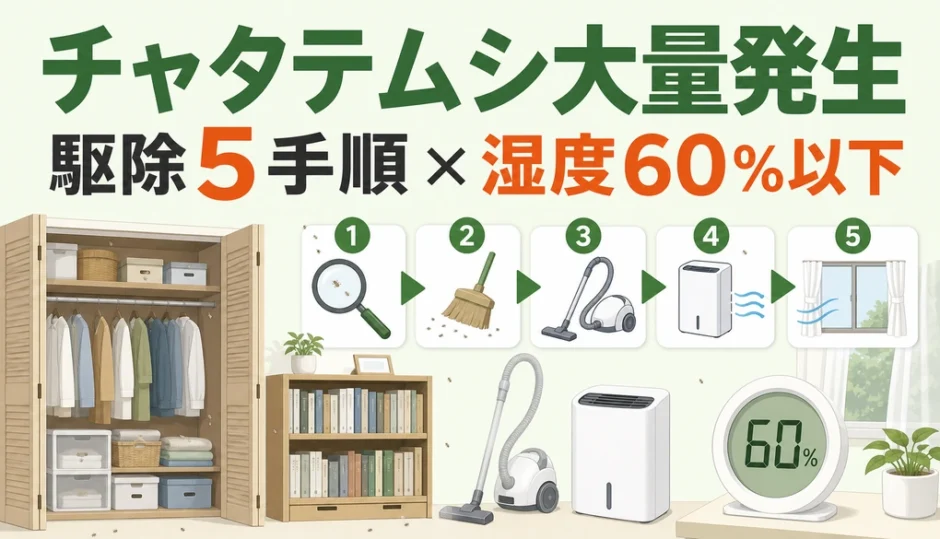 チャタテムシ大量発生時の駆除5手順と湿度60％以下の対策を示す図