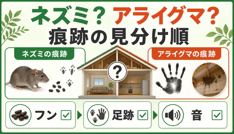 ネズミとアライグマの痕跡を見分ける順番を示す図解
