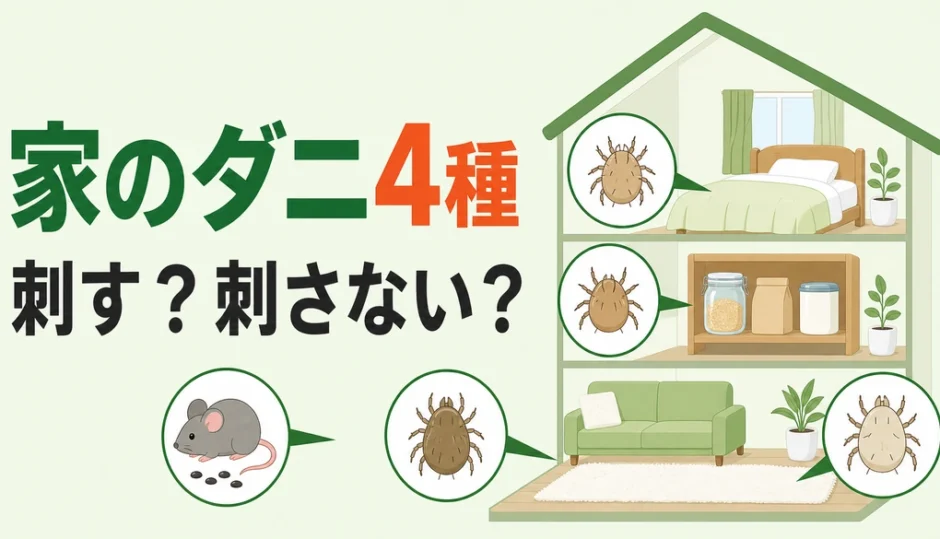 家にいるダニ4種類のうち人を刺す種類と刺さない種類を整理した図