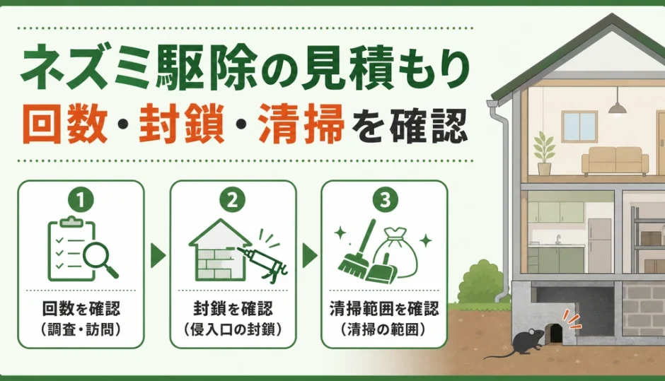 ネズミ駆除の見積もりで回数・封鎖・清掃を確認する図