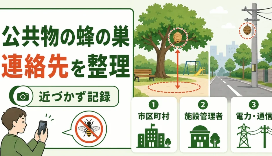 公共物の蜂の巣の連絡先と安全な初動を整理した図