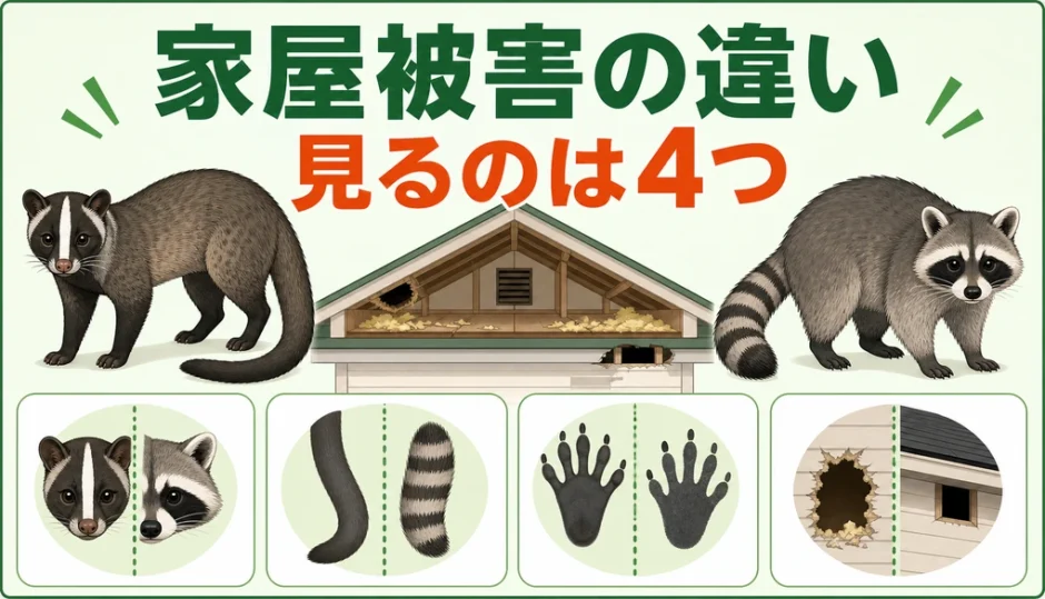 ハクビシンとアライグマの家屋被害を4つの手がかりで比較する図