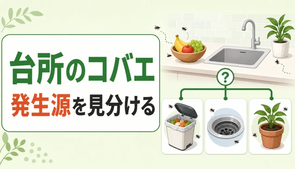 台所のコバエの発生源を生ゴミ・排水口・観葉植物から見分ける図