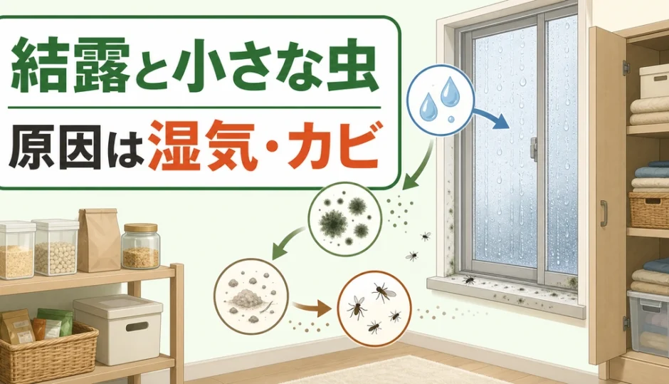 結露した窓と小さな虫の関係を、湿気とカビの要因とともに示す図