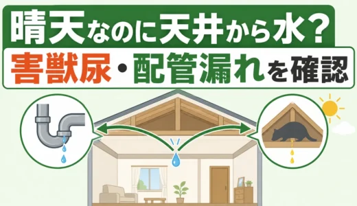 雨が降っていないのに天井から水が垂れる原因｜害獣の尿・配管漏れの見分け方