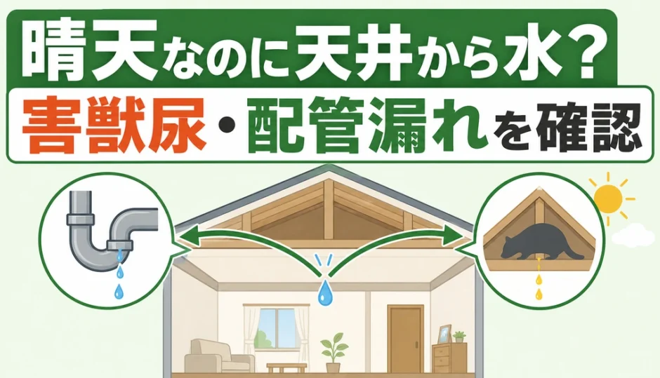 晴天なのに天井から水が垂れるときに害獣尿と配管漏れを確認する図