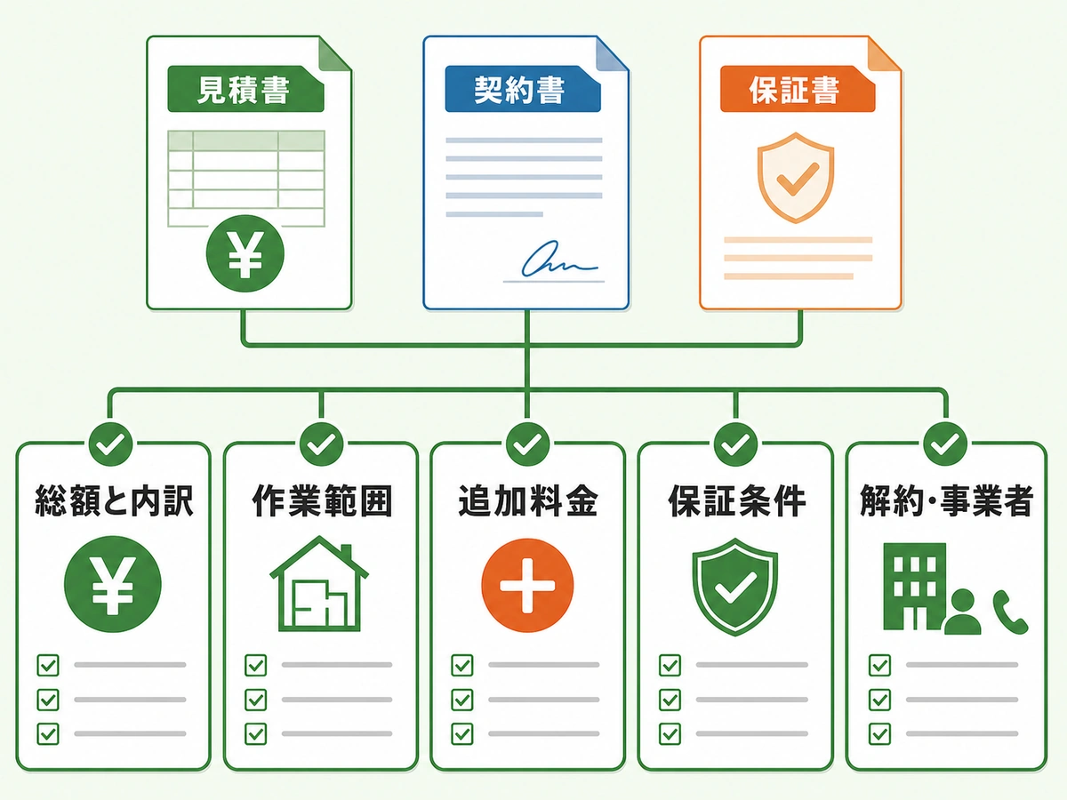 見積書・契約書・保証書で確認する総額、作業範囲、追加料金、保証、解約条件
