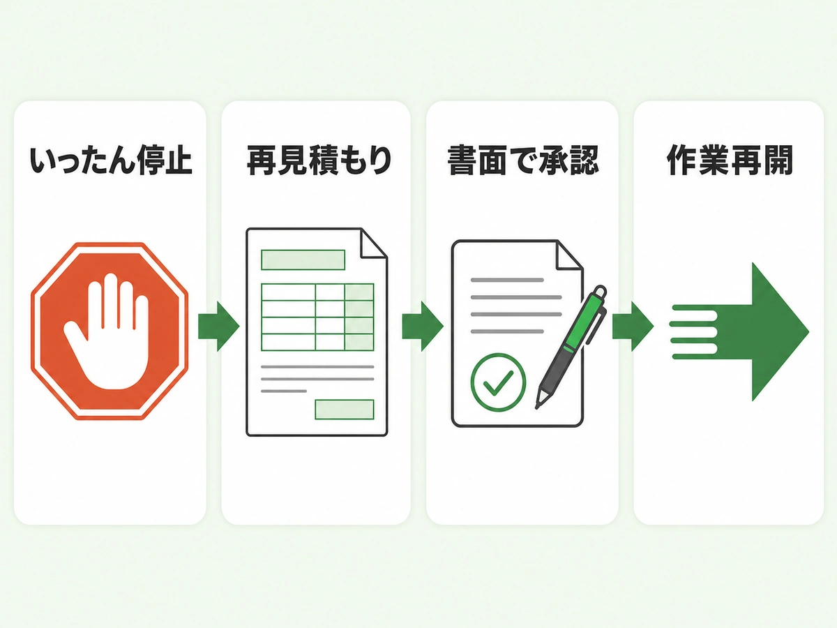 追加作業をいったん止め、再見積もりと書面承認後に再開する判断フロー