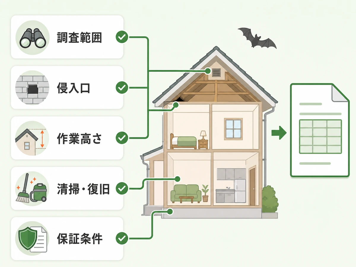 コウモリ駆除費用を変える調査範囲・侵入口・作業高さ・清掃復旧・保証条件の図
