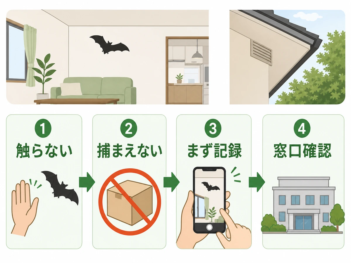 コウモリを見つけたときの触らない・捕まえない・記録・窓口確認の初動フロー