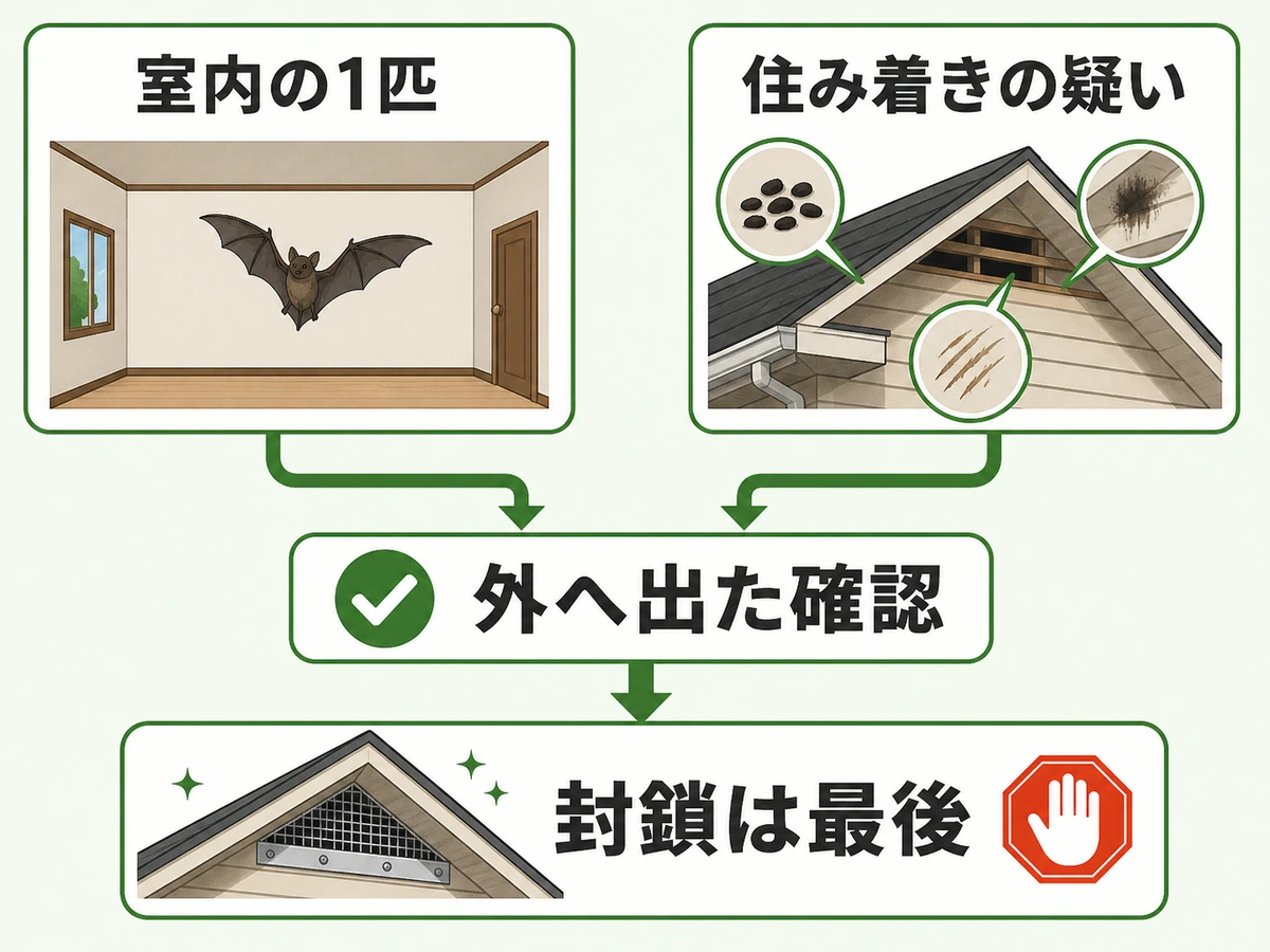 室内への迷い込みと住み着きの疑いを分け、外へ出た確認後に封鎖する判断図