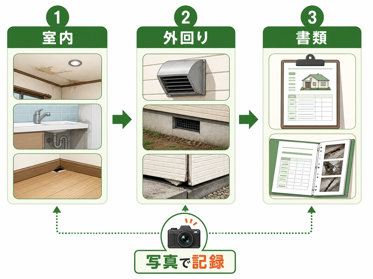 内覧で室内、外回り、書類を順に確認し写真で記録する流れ