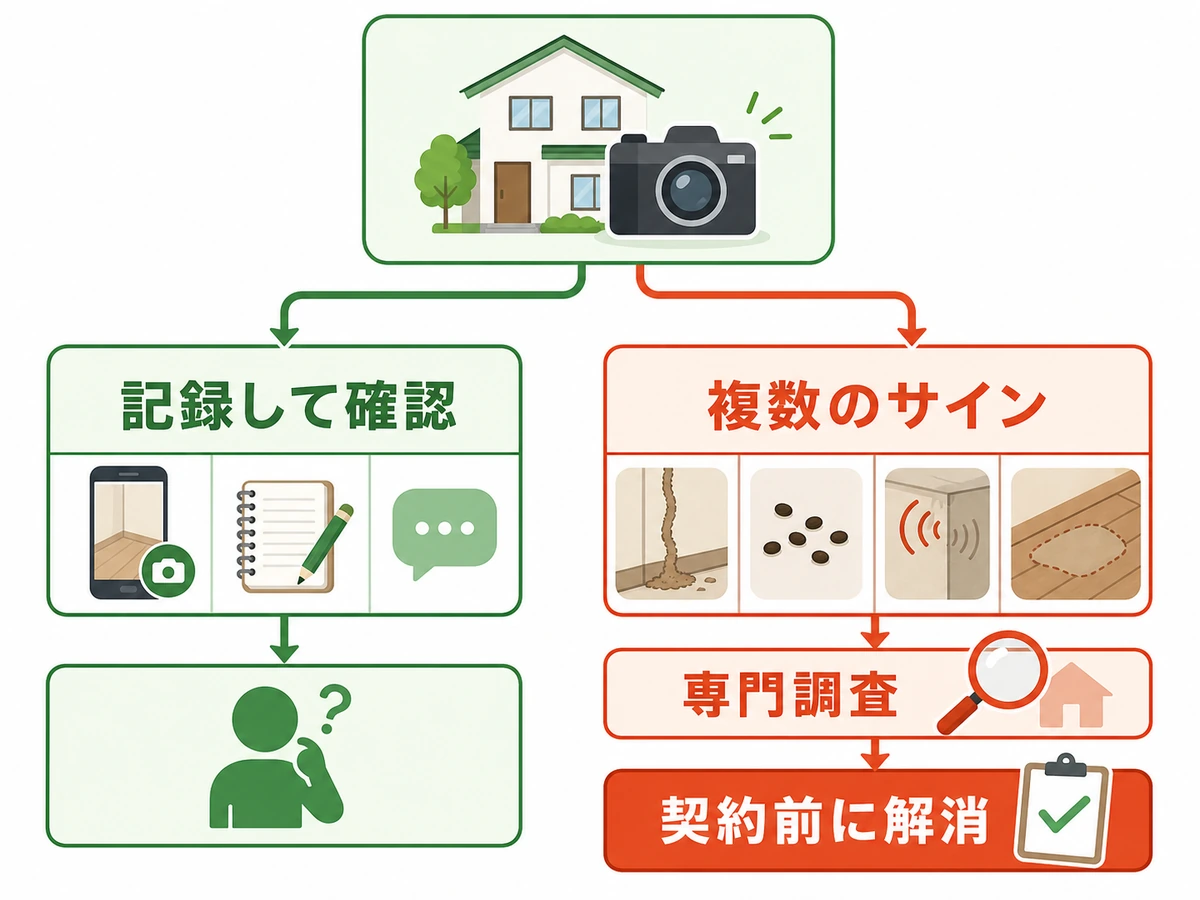 害虫・害獣の複数のサインがあるとき専門調査へ切り替える判断図