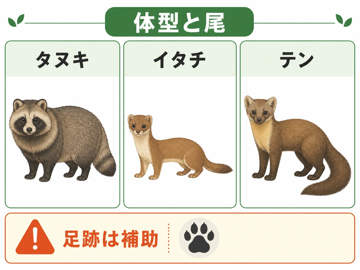 タヌキ・イタチ・テンの体型・尾・足跡を比べる図