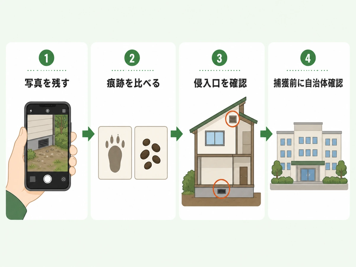 動物被害の写真・痕跡・侵入口を確認し捕獲前に自治体へ相談する流れ