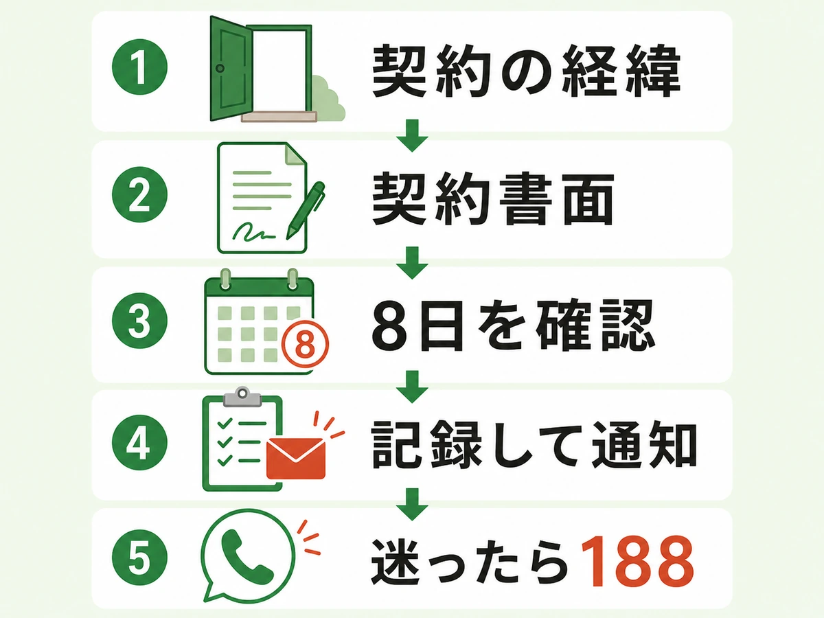 契約の経緯、契約書面、8日、通知記録、188相談の確認順