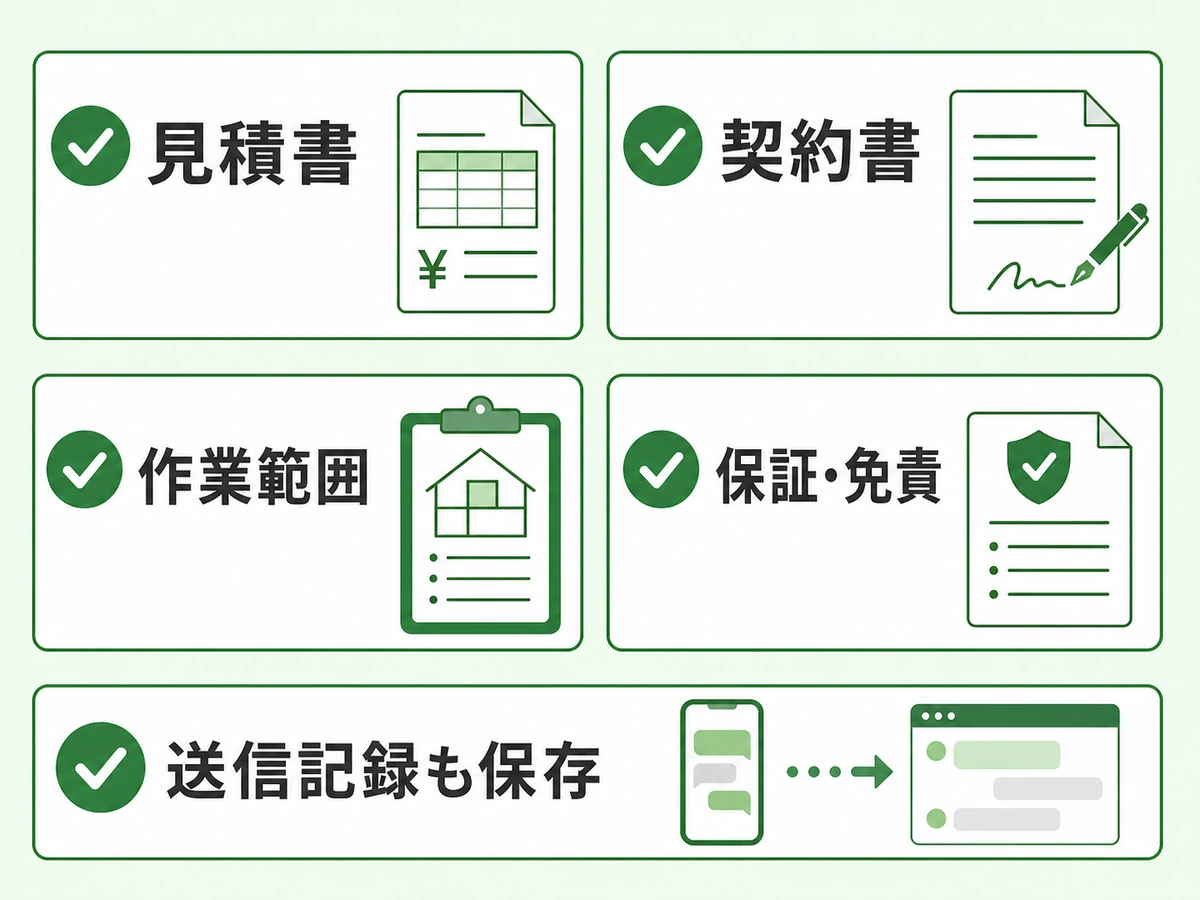見積書、契約書、作業範囲、保証・免責、送信記録のチェック項目