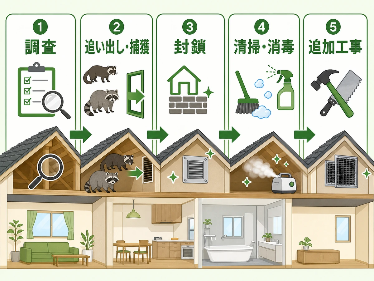 調査、追い出し・捕獲、封鎖、清掃・消毒、追加工事が駆除費用を構成する流れ