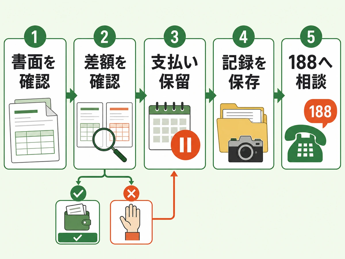 害獣駆除の請求に納得できない場合に書面確認、支払い保留、記録保存、188相談へ進む判断図