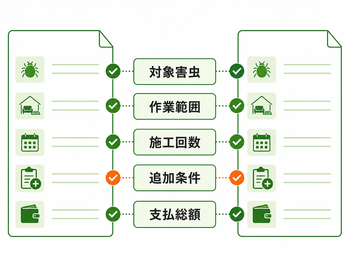 2社のダニ・ノミ駆除見積書で対象害虫・作業範囲・施工回数・追加条件・支払総額を比べる図