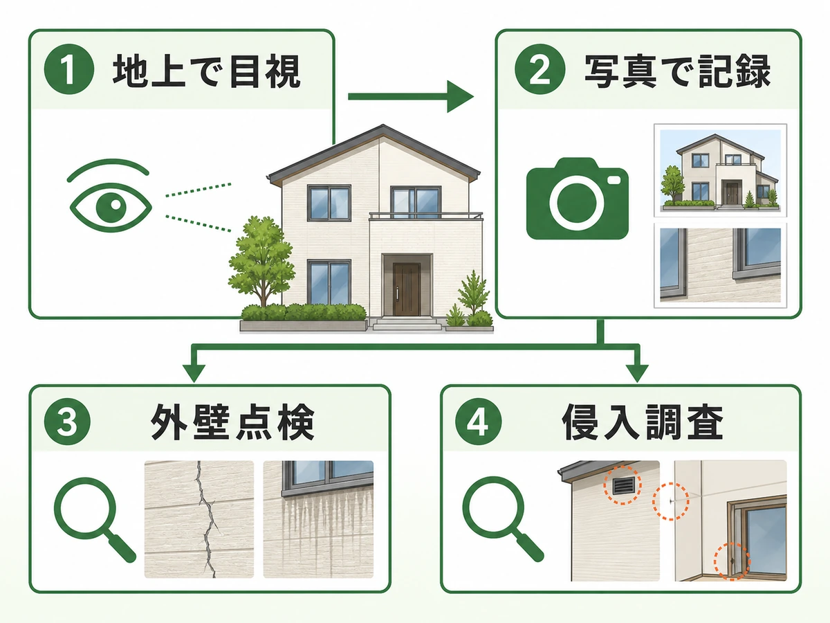 地上で目視し、写真記録から外壁点検と侵入調査へ分ける流れ