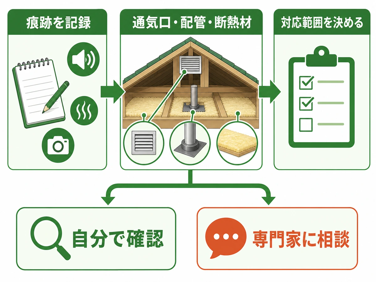 屋根裏の痕跡を記録し、通気口・配管・断熱材を確認して対応範囲を決める流れ