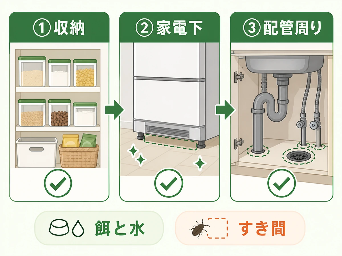 台所の収納、家電下、配管周りを順に確認する流れ