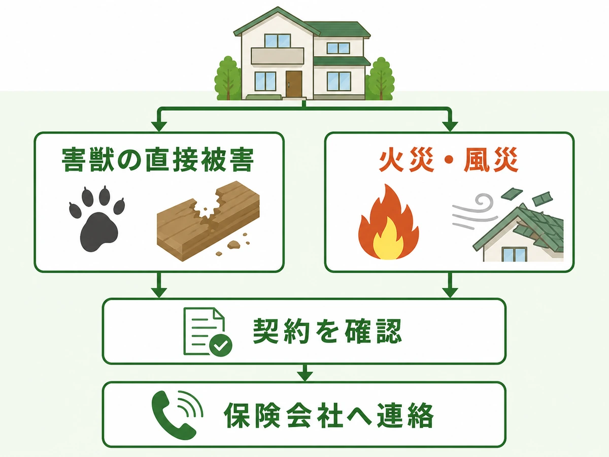 害獣の直接被害と火災・風災を分けて契約を確認する流れ