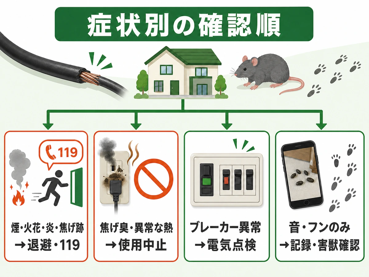 ネズミの配線被害で煙・火花・焦げ臭・ブレーカー異常・音やフンから確認順を選ぶ図解
